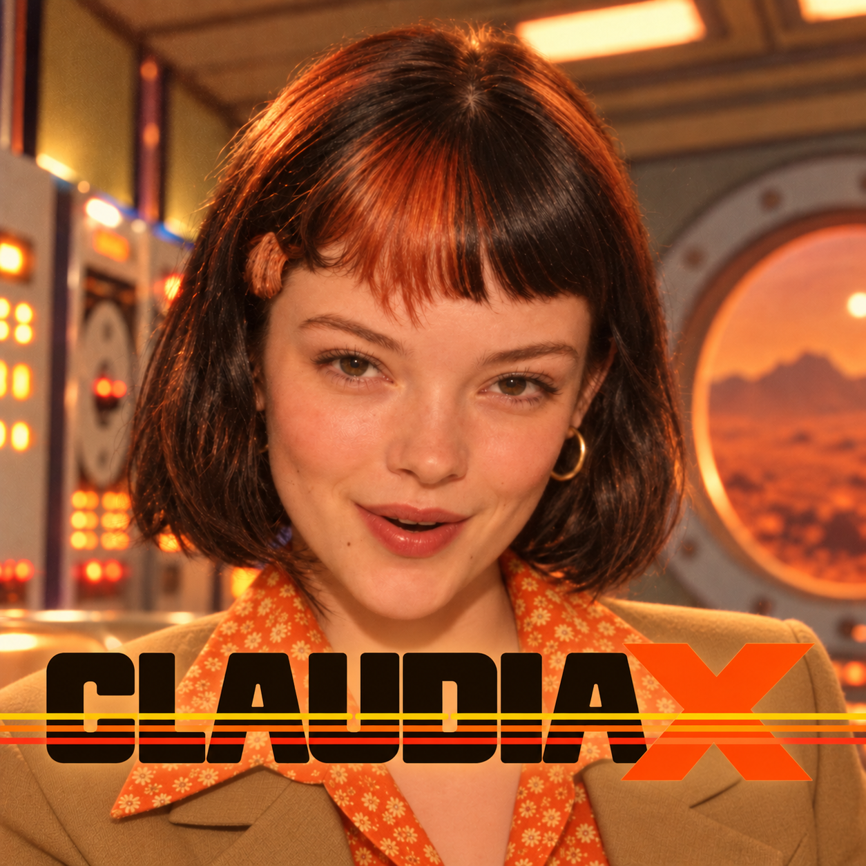 ClaudiaX in the warm light of a retro space lounge